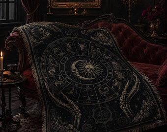 Manta Gótica del Zodiaco, Manta de Astrología Celestial, Decoración Dark Academia, Manta Tejida Sol Luna Esqueleto, Regalo Ocultista