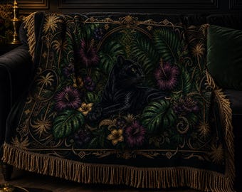 Manta de lujo con flecos de pantera negra tropical, adorno de oro con hibisco morado exótico, funda de sofá tejida suave, regalo