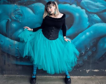 Teal Tea length tulle skirt Adult tutu Petticoat skirt poofy two layer Sizes XS - Plus size bridal wedding dance prom - Sisters of the Moon