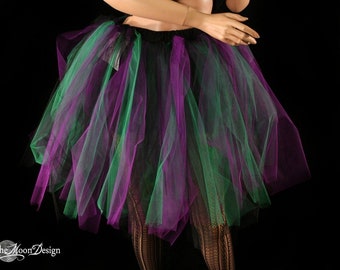 Black Purple Green tulle skirt Streamer Adult tutu midi skirt knee length Sizes XS - Plus halloween joker witch cosplay costume gothic dance
