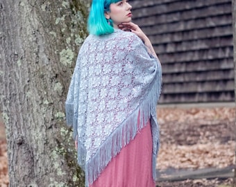 Silver Bridal Lace Shawl cape large Triangle sheer secquin with 6inch fringe goth wrap Witchy Bohemian Boho Halloween  - Sisters of the Moon