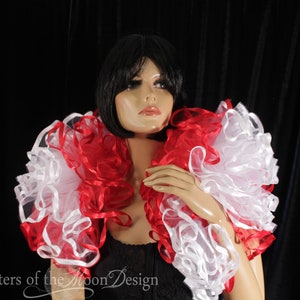 Large Tulle Boa shrug wrap red white trimmed tie on shoulder fluffy ruffle formal wedding dance bridal cosplay costume -Sisters of the Moon