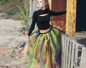Halloween Witch tulle skirt adult tutu streamer tea length purple orange green Sizes XS - Plus size witchy cosplay costume
