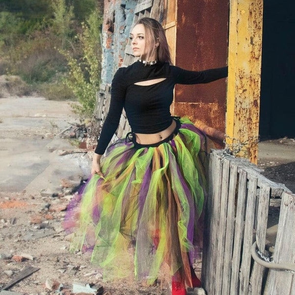 Halloween Witch tulle skirt adult tutu streamer tea length purple orange green Sizes XS - Plus size witchy cosplay costume