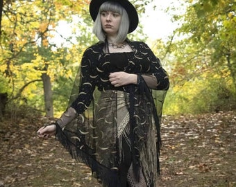 Black & Silver Moon shawl cape large sheer tringle with fringe goth bridal wrap Witchy Bohemian Boho Halloween - Sisters of the Moon