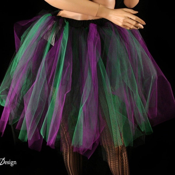 Black Purple Green tulle skirt Streamer Adult tutu midi skirt knee length Sizes XS - Plus halloween joker witch cosplay costume gothic dance