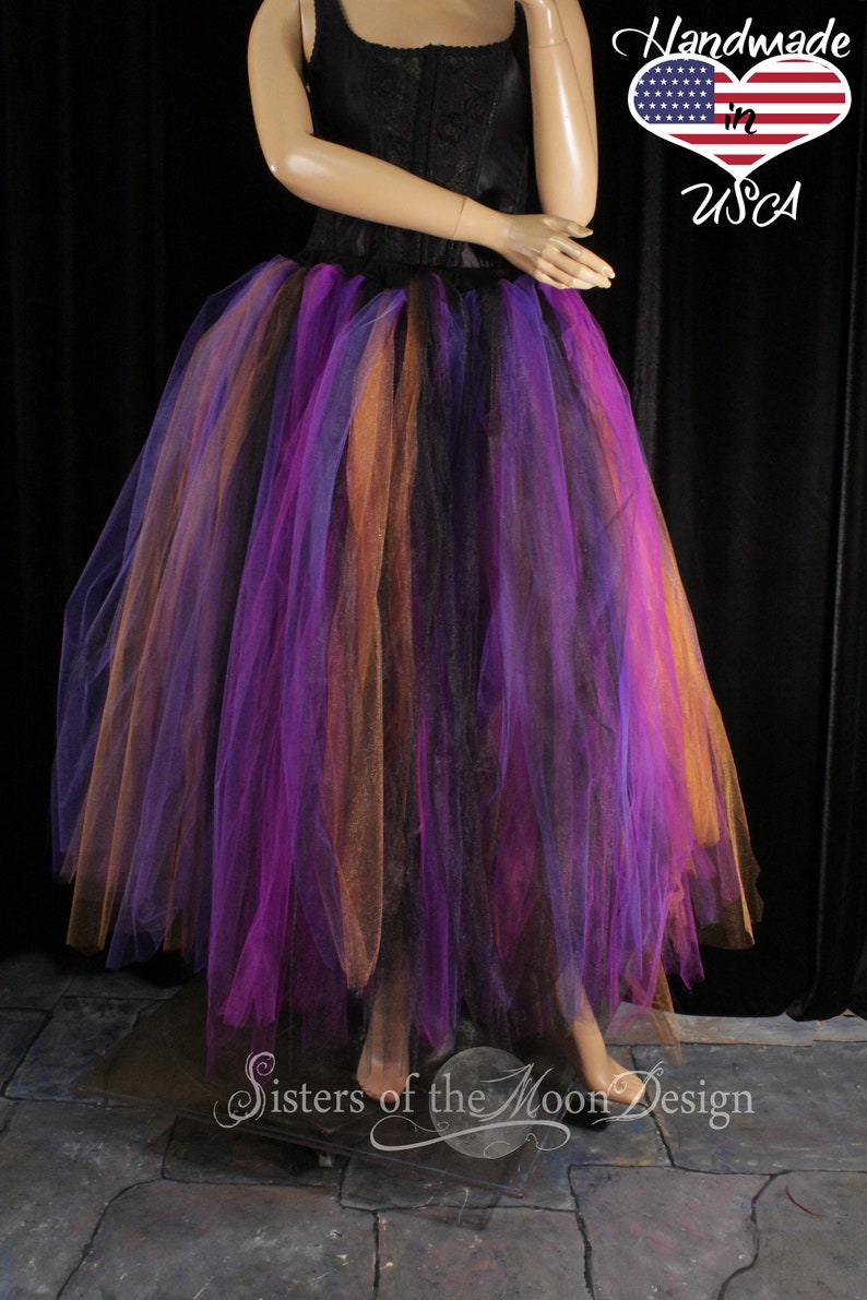 Witchy tulle tutu skirt witch streamer purple orange halloween costume tea calf length dance Adult sizes XS Plus Sisters of the Moon image 4