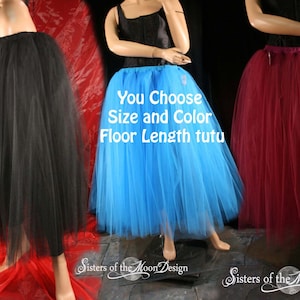 May include: Three floor-length tulle tutus in black, turquoise blue, and burgundy red. The text "You Choose Size and Color Floor Length tutu" is displayed in the centre of the image.