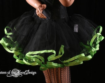 Short Black adult tutu skirt green ribbon trimmed Petticoat - Sizes XS - Plus size - Poofy gothic lolita Halloween costume bachelorette
