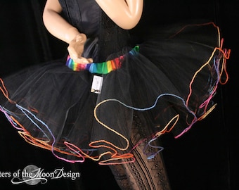 black adult tutu skirt with rainbow trim extra poofy bridal goth club  dance cosmic color  run  - You Choose Size -- Sisters of the Moon