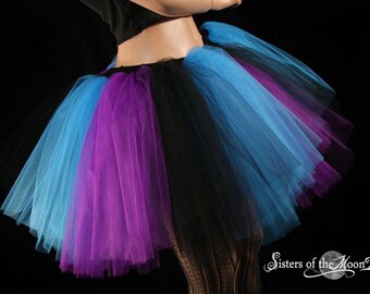 Black blue purple adult tutu tulle midi skirt three layer striped Sizes XS - Plus - puffy dance costume roller derby halloween costume rave