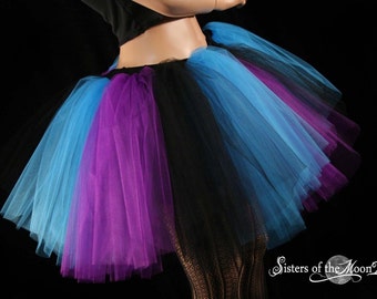 Negro azul púrpura tutú adulto tul falda midi tres capas rayadas Tallas XS - Plus - disfraz de baile hinchado roller derby disfraz de halloween rave