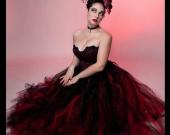 Red & Black Gothic wedding tulle skirt Sizes XS- Plus - Streamer floor length formal dance prom bridal party goth vampire Halloween costume