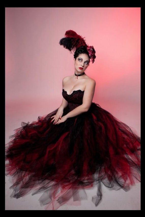 Red & Black Gothic wedding tulle skirt Sizes XS- Plus - Streamer floor length formal dance prom bridal party goth vampire Halloween costume