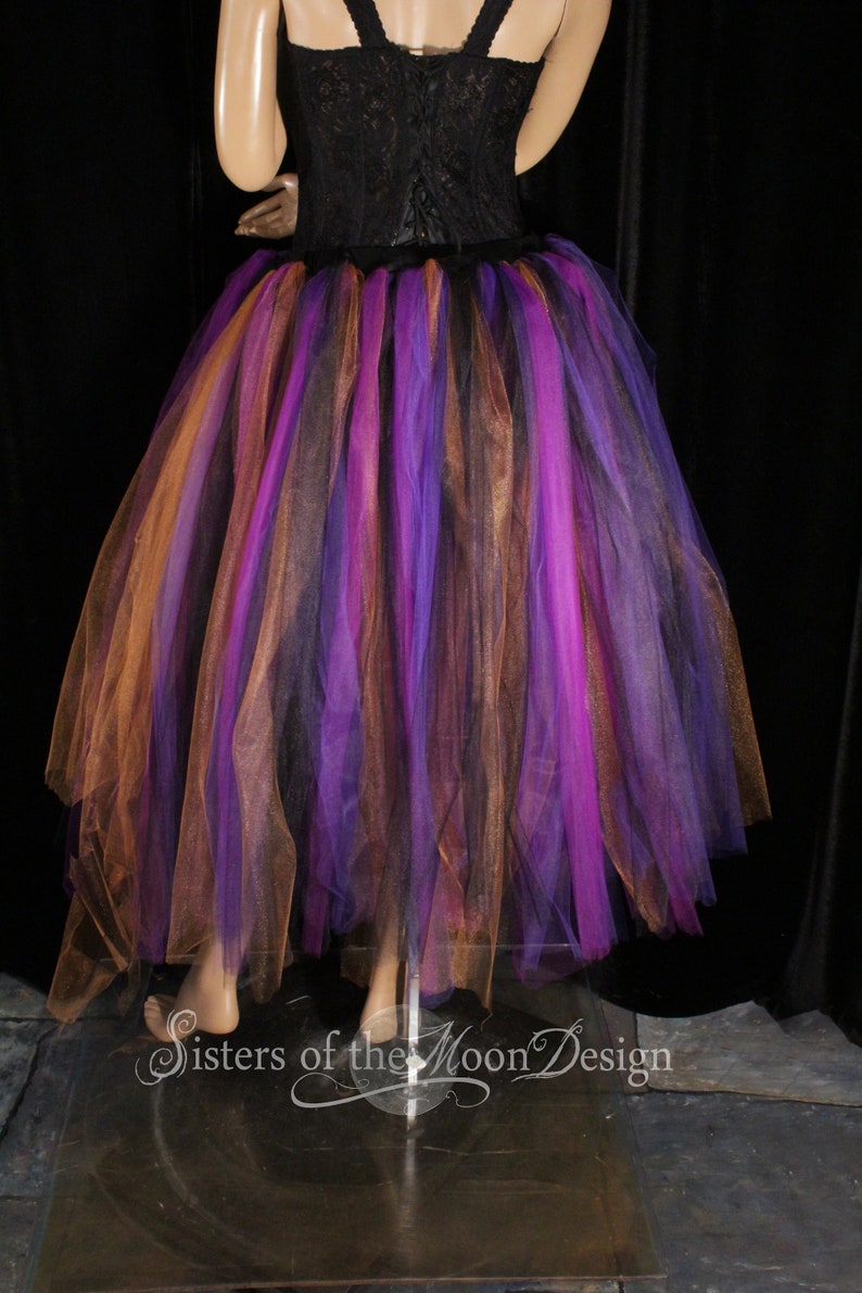 Witchy tulle tutu skirt witch streamer purple orange halloween costume tea calf length dance Adult sizes XS Plus Sisters of the Moon image 1