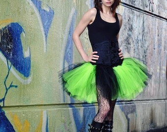 Black & Neon Green Glimmer Tutu skirt Striped tulle skirt three layer puffy gothic petticoat UV club 80s costume - Adult Sizes XS - Plus