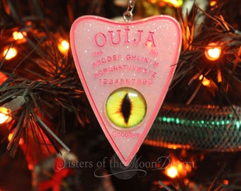 Ouija Planchette Pink Cat Eye ornament halloween tree christmas decoration Goth gothic witch Spiritualism Occultism Ghost oddities Glitter