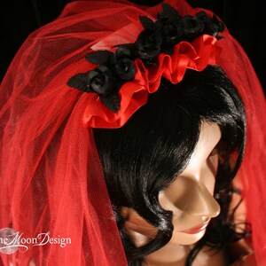 Black roses gothic wedding veil bridal bride headpiece red goth halloween costume lydia fingertip length Ready to ship Sisters of the Moon image 5