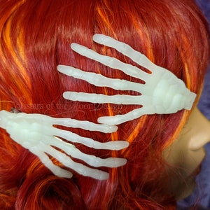 Glow in the Dark Skeleton hand hair clips barrette Pair spooky gothic halloween costume witchy rockabilly goth gift - Sisters of the Moon