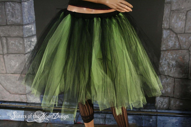 Black Neon Green adult tutu tulle midi skirt Streamer style knee length Sizes XS Plus goth UV halloween witch costume dance club rave image 2
