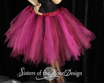 Dark Fairy adult tutu short tulle skirt burgundy fuchsia streamer womans sizes XS - Plus size cosplay pixie dance costume Rave festival