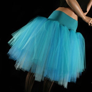 Blue tulle tutu skirt petticoat Midi length - Adult Size XS - Plus - Layered teal turquoise aqua dance bridal princess bachelorette birthday