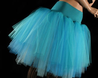 Blue tulle tutu skirt petticoat Midi length - Adult Size XS - Plus - Layered teal turquoise aqua dance bridal princess bachelorette birthday