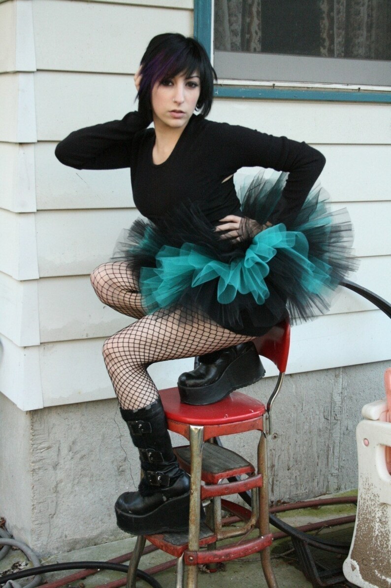 Black Teal Adult mini tutu tulle skirt All Sizes Xs Plus Poofy three layer goth dance party costume roller derby bachelorette rave club image 2