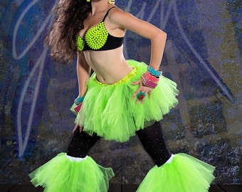 Retro Raver set tutu tulle skirt with boot covers Neon UV reactive dance club rave party leg warmers  - All sizes - Sisters of the Moon
