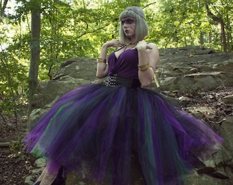 Witch Tulle tutu skirt Tea calf length Petticoat halloween costume goth fantasy bridal Black Purple green Adult size XS - Plus -Sisters Moon