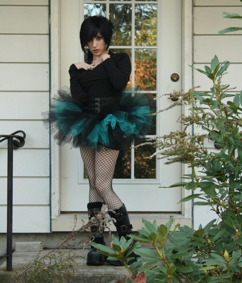 Black Teal Adult mini tutu tulle skirt All Sizes Xs Plus Poofy three layer goth dance party costume roller derby bachelorette rave club image 1