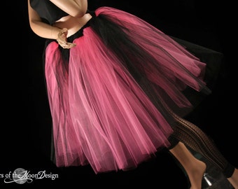 Hot Pink Black midi length Adult tutu tulle skirt Sizes XS - Plus Size with underskirt added