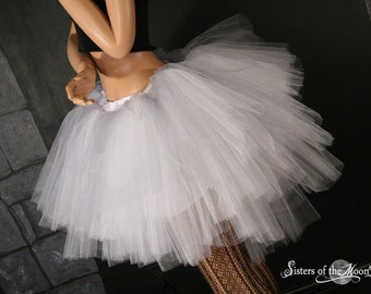 Ice Queen Fairy tutu tulle skirt Ring Master hi low bustle back white silver huge poofy adult dance club wear costume -You Choose Size