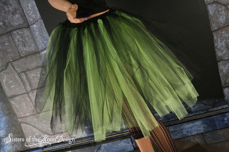 Black Neon Green adult tutu tulle midi skirt Streamer style knee length Sizes XS Plus goth UV halloween witch costume dance club rave image 3