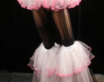 Raver set Adult tutu mini skirt & boot covers, UV white tulle Hot pink trim Sizes XS - Plus size, dance team costume club wear festival