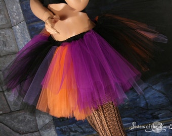 Halloween Adult tutu tulle skirt purple orange black sewn three layer striped style - Size XS Plus - witch costume petticoat cosplay goth