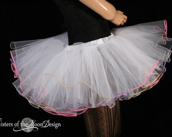 White tutu skirt with pastel rainbow trim bridal club  dance cosmic color run UV child-adult - You Choose Size  Sisters of the Moon