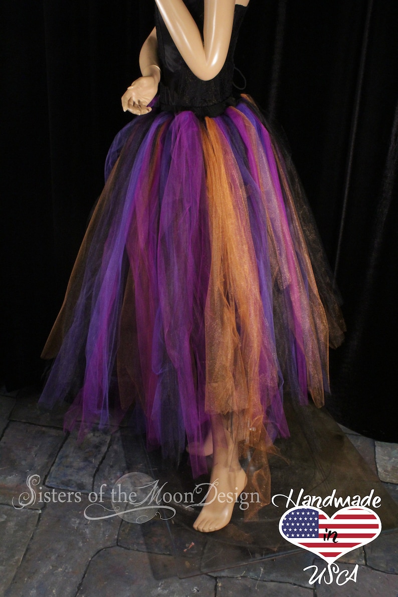 Witchy tulle tutu skirt witch streamer purple orange halloween costume tea calf length dance Adult sizes XS Plus Sisters of the Moon image 5