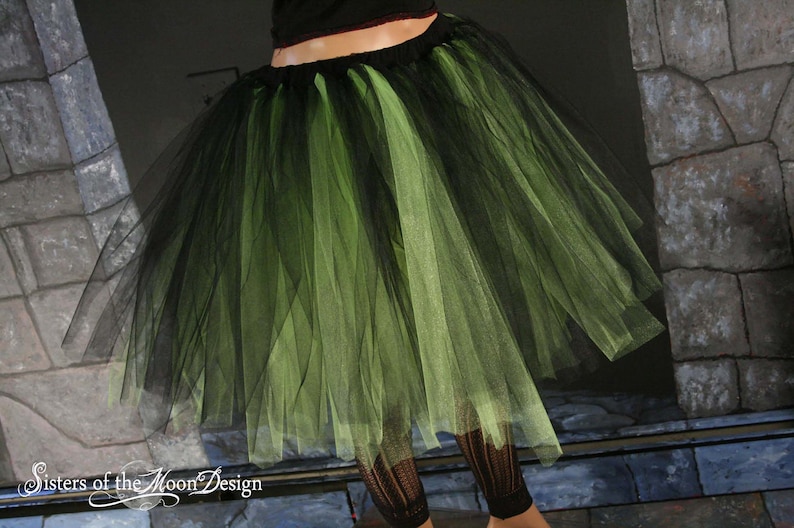 Black Neon Green adult tutu tulle midi skirt Streamer style knee length Sizes XS Plus goth UV halloween witch costume dance club rave image 1