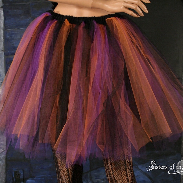 Purple orange black witchy tulle skirt Streamer adult tutu knee length skirt witch halloween costume goth dance wear - Sizes XS - Plus size