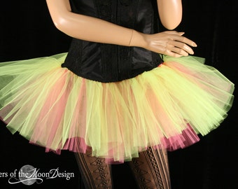 UV Neon Yellow & Hot Pink Adult tutu mini skirt two layer Sizes XS- Plus size - dance costume roller derby race run rave wear club festival