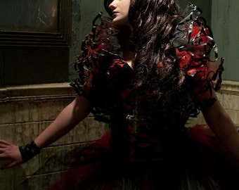 Gothic bridal Tulle boa tie on shoulder shrug wrap red black trimmed goth formal wedding dance bridal halloween costume -Sisters of the Moon