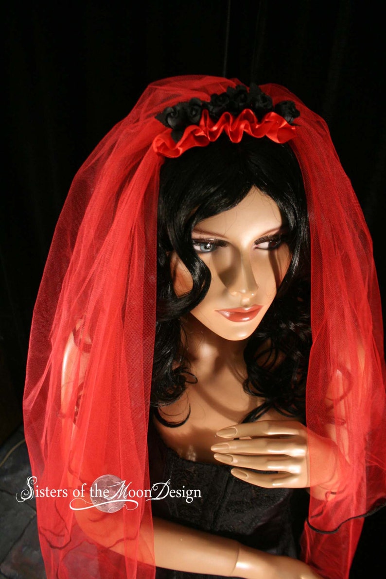Black roses gothic wedding veil bridal bride headpiece red goth halloween costume lydia fingertip length Ready to ship Sisters of the Moon image 1