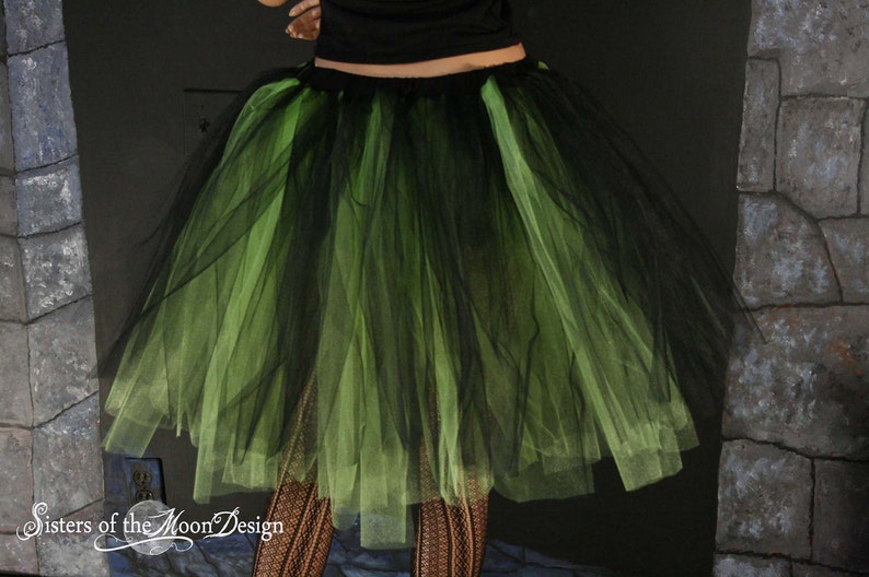 Black Neon Green adult tutu tulle midi skirt Streamer style knee length Sizes XS Plus goth UV halloween witch costume dance club rave image 4