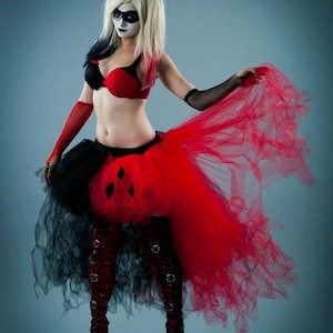 Harley tutu tulle skirt high low red black half & half cosplay costume Wedding bustle bridal dance Halloween - Adult Sizes XS - Plus -SOTMD