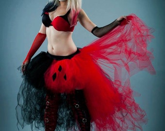 Harley tutu tulle skirt high low red black half & half cosplay costume Wedding bustle bridal dance Halloween - Adult Sizes XS - Plus -SOTMD