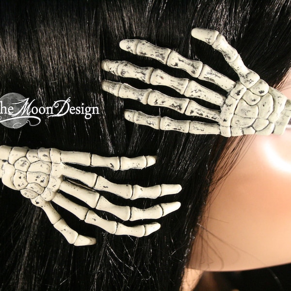 Skeleton hand hair clips barrette with Plain nails pair spooky gothic halloween costume skull witchy rockabilly goth  - Sisters of the Moon