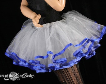 Silver Adult tutu skirt short tulle petticoat blue trimmed Sizes XS - Plus size/ Halloween costume superhero princess bridal bachelorette