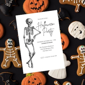 Invitación a fiesta de Halloween, invitación de esqueleto, plantilla de cumpleaños de Halloween