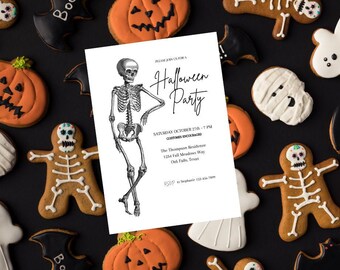 May include: A white invitation card with black text for a Halloween party. The invitation features a skeleton illustration and the text "Please join us for a Halloween Party". The text also includes the date, time, and location of the party. The invitation is surrounded by Halloween-themed cookies.